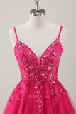 Fuchsia A-Line Spaghetti Straps Sequins Short Homecoming Dress with Appliques