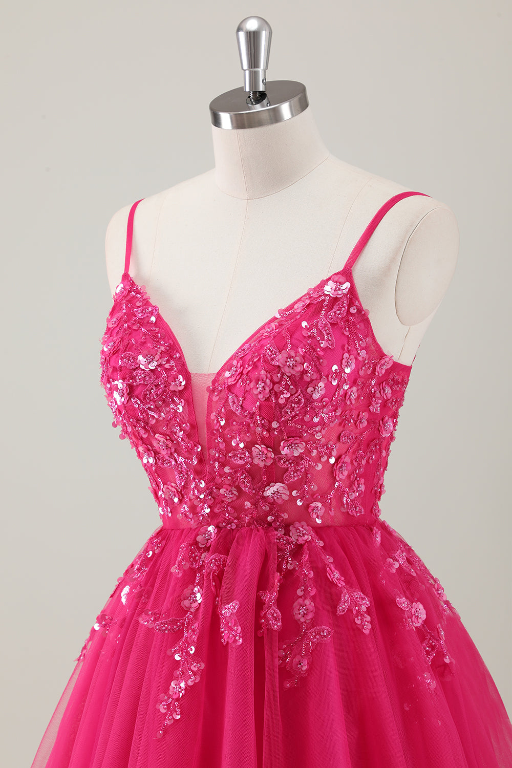 Fuchsia A-Line Spaghetti Straps Sequins Short Homecoming Dress with Appliques