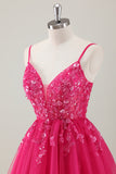 Fuchsia A-Line Spaghetti Straps Sequins Short Homecoming Dress with Appliques