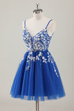 Fuchsia A-Line Spaghetti Straps Sequins Short Homecoming Dress with Appliques