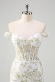 Light Green Mermaid Off the Shoulder Corset Long Prom Dress with Embroidery