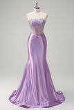 Sparkly Lilac Mermaid Strapless Sheer Corset Long Prom Dress with Beading