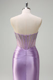Sparkly Lilac Mermaid Strapless Sheer Corset Long Prom Dress with Beading