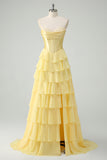 Yellow A Line Strapless Corset Tiered Long Prom Dress with Slit