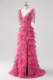 Fuchsia A Line Ruffle V-Neck Tiered Floral Prom Dress with Slit