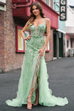 Mermaid Green Corset Spaghetti Straps Long Prom Dress with 3D Flowers