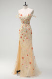 Sparkly Champagne Mermaid Off the Shoulder Floral Corset Long Prom Dress with Slit
