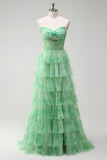 Floral Green A Line Strapless Ruffles Long Prom Dress with Slit