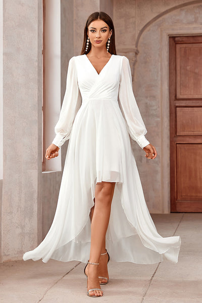 ZAPAKA Women White A-Line High-Low Party Dress Wrap V Neck Long Sleeves Formal Dress, White / M ZAPAKA Women White A-Line High-Low Party Dress Wrap V Neck Long Sleeves Formal Dress, White / M