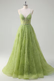 Sparkly Sequins Green Princess Spaghetti Straps Ruched Long Prom Dress