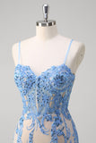 Blue Mermaid Corset Spaghetti Straps Long Prom Dress With Sequins