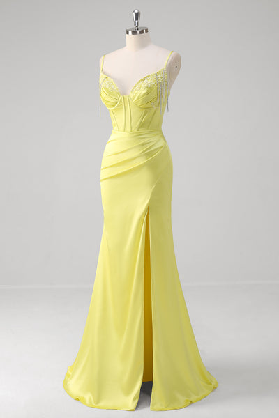 ZAPAKA Women Yellow Mermaid Prom Dress Ruched Corset Spaghetti Straps ...