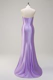 Sparkly Grey Green Mermaid Sequin Strapless Corset Satin Prom Dress with Slit