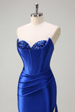 Sparkly Grey Green Mermaid Sequin Strapless Corset Satin Prom Dress with Slit