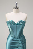 Royal Blue Mermaid Strapless Corset Sequin Ruched Long Prom Dress with Slit
