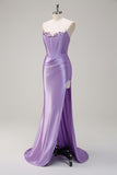 Sparkly Grey Green Mermaid Sequin Strapless Corset Satin Prom Dress with Slit