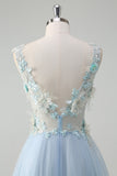 Light Blue Deep V-Neck Tulle A-Line Long Prom Dress with 3D Flowers