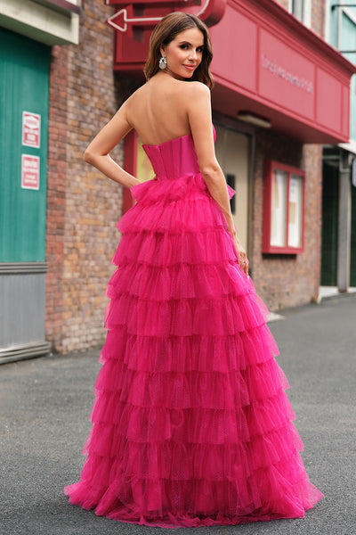 パーティードレス Strapless Asymmetric Fuchsia Prom Dress ZAPAKA Women Cute Fuchsia Princess Prom Dress with Slit