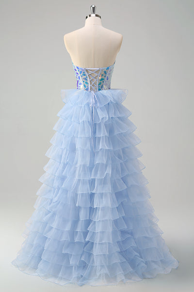 Light Strapless Blue A Line Prom Dress Grey Blue Princess A Line Spaghetti  Straps Corset Prom