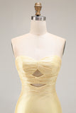 Yellow Mermaid Strapless Beaded Cut-Out Long Prom Dress With Slit