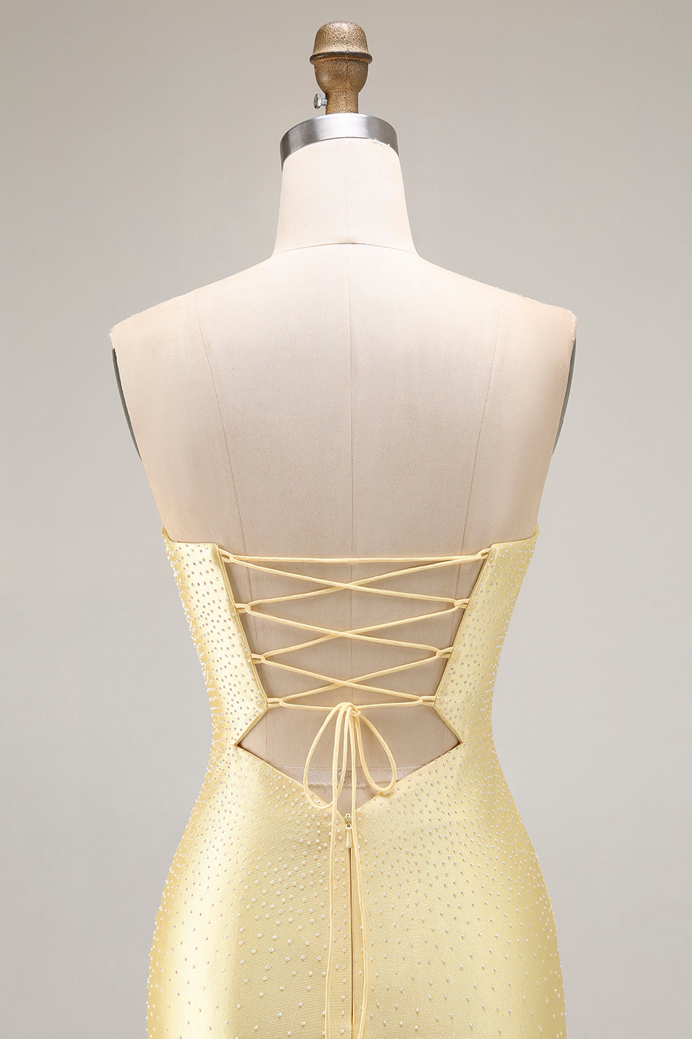 Yellow Mermaid Strapless Beaded Cut-Out Long Prom Dress With Slit