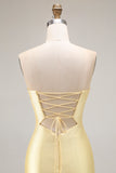 Yellow Mermaid Strapless Beaded Cut-Out Long Prom Dress With Slit