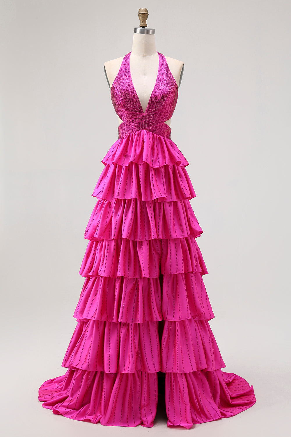 Fuchsia A Line Halter Open Back Tiered Cut Out Beaded Long Prom Dress