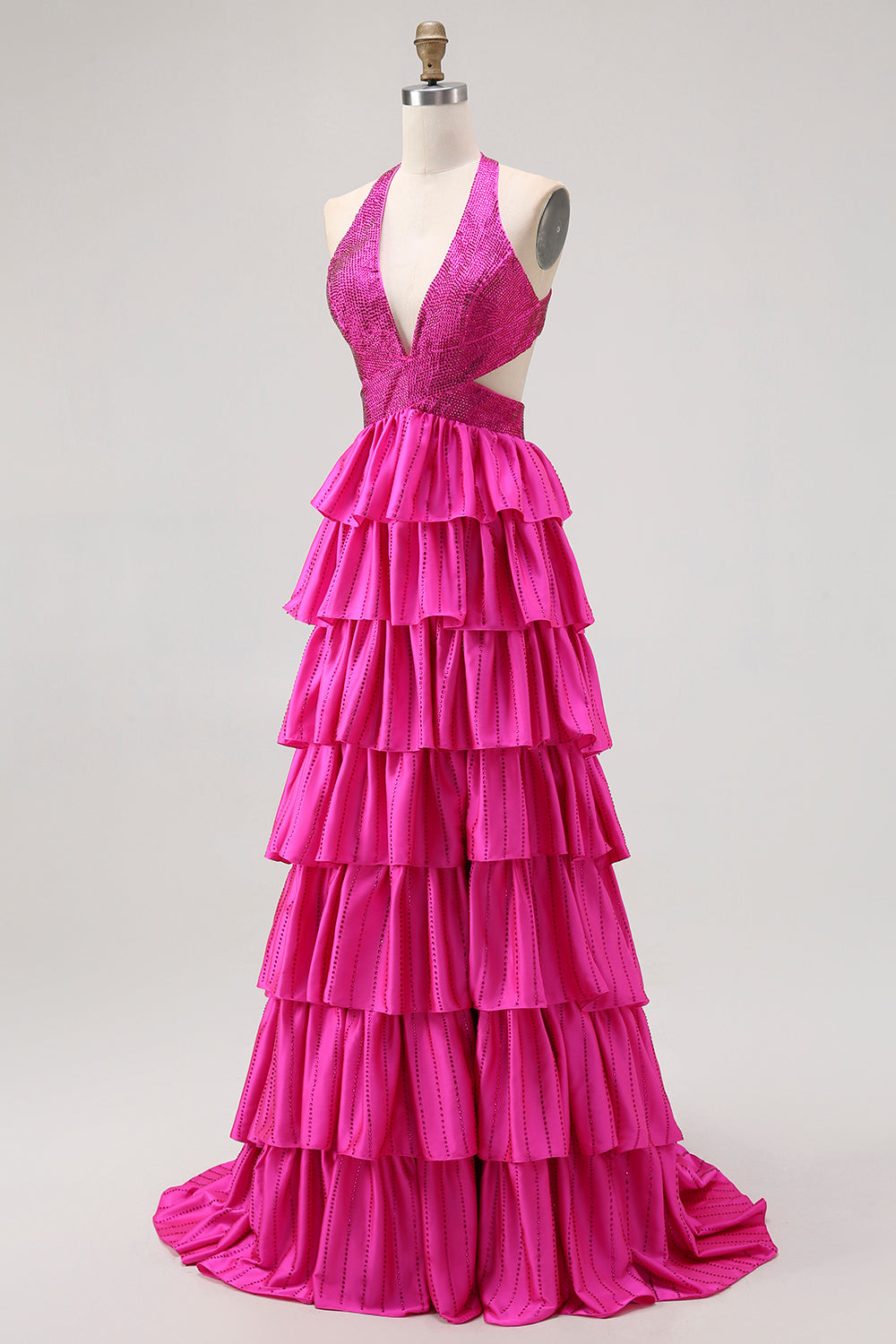 Fuchsia A Line Halter Open Back Tiered Cut Out Beaded Long Prom Dress