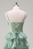 Dusty Sage A Line Spaghetti Straps Ruffled Long Bridesmaid Dress Slit