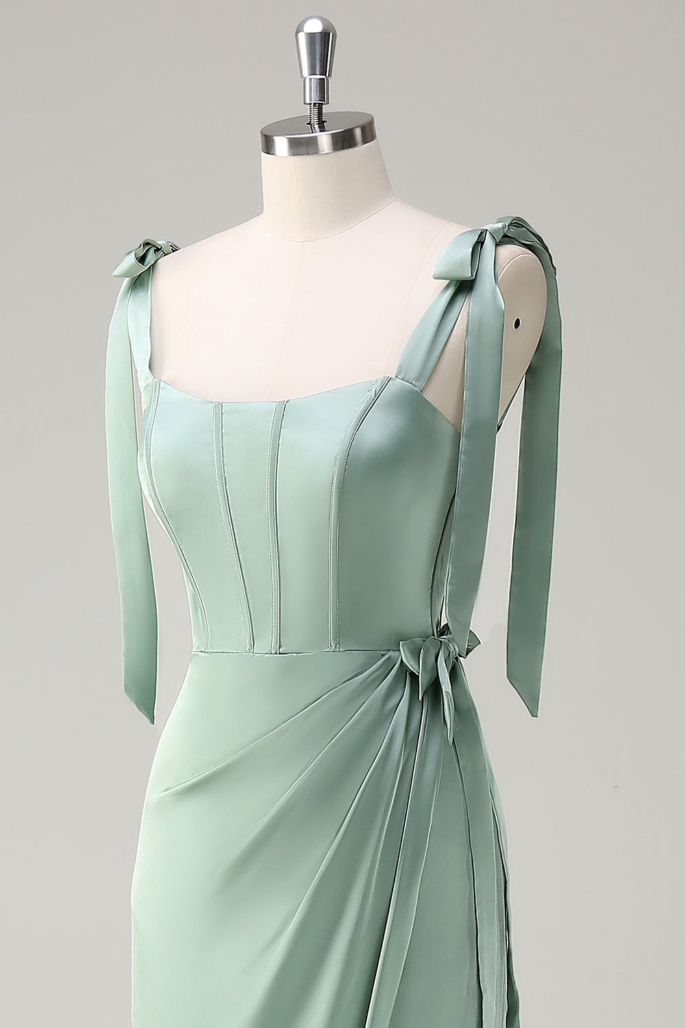 Agave Sheath Bow Tie Straps Corset Long Bridesmaid Dress with Slit