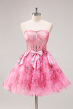 Floral A-Line Strapless Corset Pink Tulle Homecoming Dress