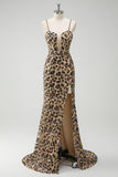 Khaki Leopard Sequins Mermaid Spaghetti Straps Long Corset Prom Dress with Slit