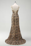 Khaki Leopard Sequins Mermaid Spaghetti Straps Long Corset Prom Dress with Slit