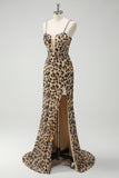 Khaki Leopard Sequins Mermaid Spaghetti Straps Long Corset Prom Dress with Slit