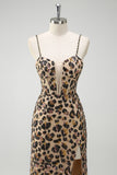 Khaki Leopard Sequins Mermaid Spaghetti Straps Long Corset Prom Dress with Slit