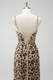 Khaki Leopard Sequins Mermaid Spaghetti Straps Long Corset Prom Dress with Slit