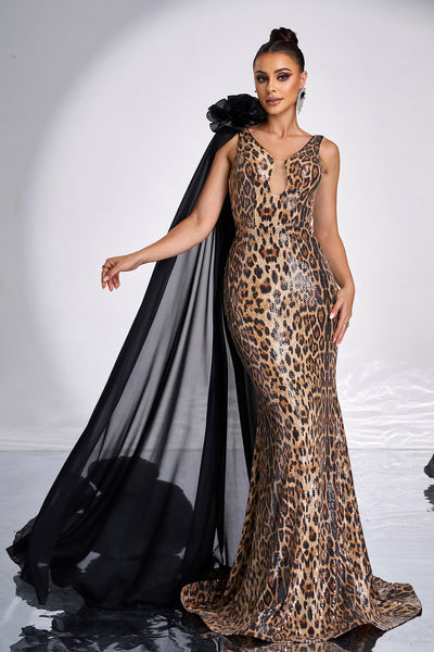 Zapaka Women Coffee Leopard Printed Mermaid Prom Dress V Zapaka Women Coffee Leopard Printed Mermaid Prom Dress V