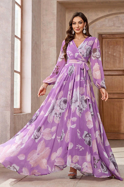 Zapaka Women Purple Floral Printed Chiffon A-Line Prom Dress V-Neck Long Sleeves Long Evening Dress, Purple / S Zapaka Women Purple Floral Printed Chiffon A-Line Prom Dress V-Neck Long Sleeves Long Evening Dress, Purple / S