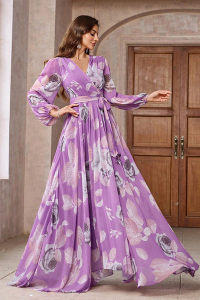Zapaka Women Purple Floral Printed Chiffon A-Line Prom Dress V-Neck Long Sleeves Long Evening Dress, Purple / S