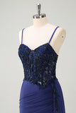 Navy Blue Mermaid Spaghetti Straps Ruched Streamer Long Prom Dress with Lace