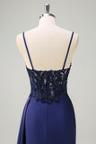 Navy Blue Mermaid Spaghetti Straps Ruched Streamer Long Prom Dress with Lace