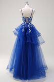 Grey Pink A-Line Spiral Ruffle Tiered Long Corset Prom Dress with Appliques