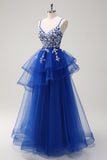 Grey Pink A-Line Spiral Ruffle Tiered Long Corset Prom Dress with Appliques