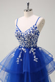 Grey Pink A-Line Spiral Ruffle Tiered Long Corset Prom Dress with Appliques