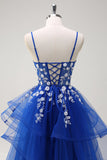 Grey Pink A-Line Spiral Ruffle Tiered Long Corset Prom Dress with Appliques