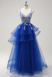 Grey Pink A-Line Spiral Ruffle Tiered Long Corset Prom Dress with Appliques