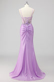 Sparkly Grey Green Mermaid Strapless Sequin Corset Ruched Long Prom Dress with Slit