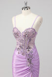 Sparkly Grey Green Mermaid Strapless Sequin Corset Ruched Long Prom Dress with Slit