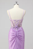 Sparkly Grey Green Mermaid Strapless Sequin Corset Ruched Long Prom Dress with Slit