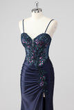 Sparkly Grey Green Mermaid Strapless Sequin Corset Ruched Long Prom Dress with Slit